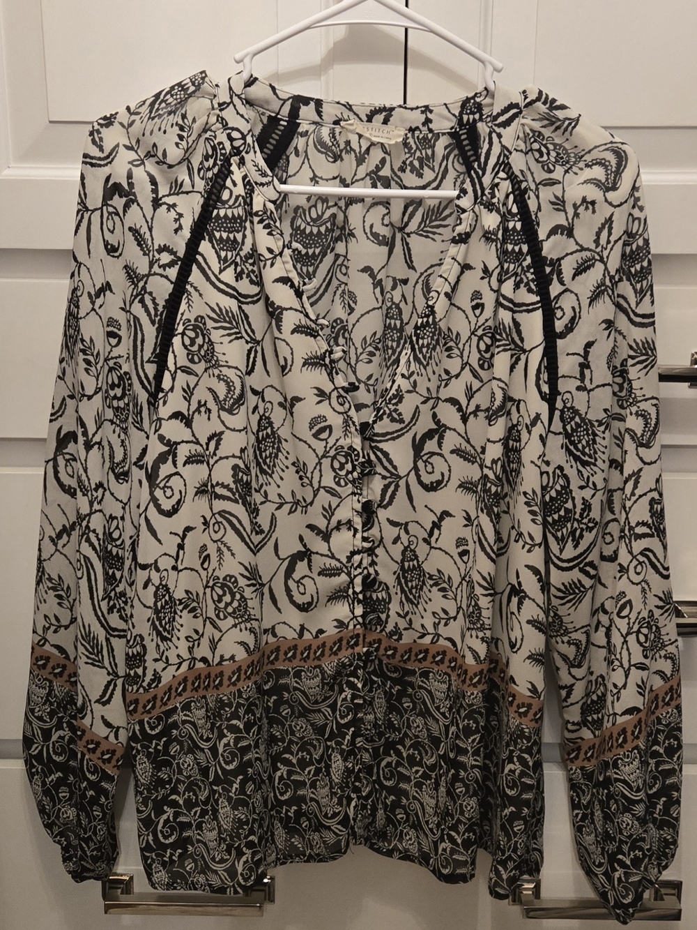 lovestitch Black and White Floral Blouse with Tan Border